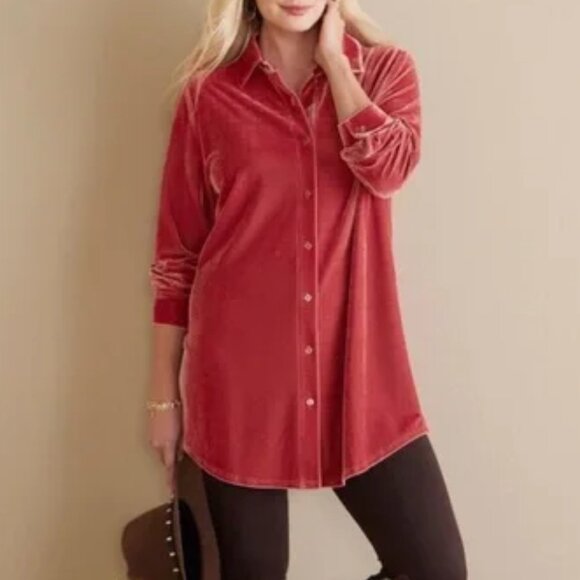 Soft Surroundings Stretch Velvet Boyfriend Tunic Shirt XL Relaxed Fit Comfy - Picture 1 of 10